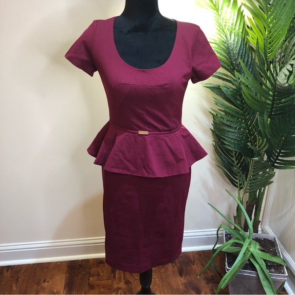 Ann Taylor Peplum Burgundy Scoop-neck Silver Accent Casual Dress 0 - Picture 2 of 8
